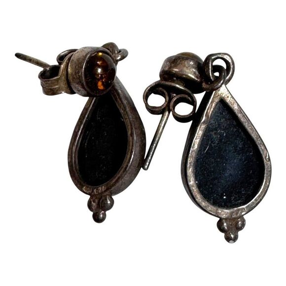 Vintage Sterling Silver Amber Drop Earrings MCM Modern Dangle Teardrop 925 Retro - Picture 4 of 8